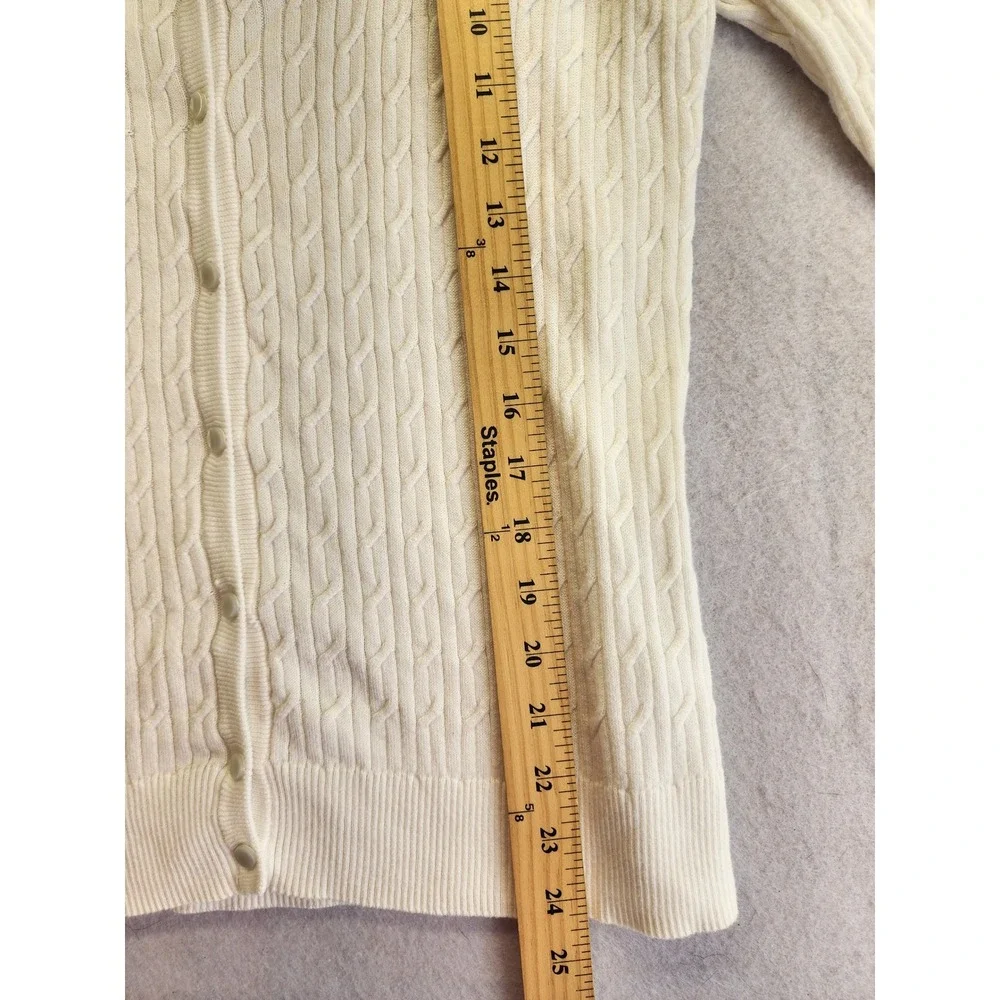 Talbots Petites White Pima Cotton Cable Knit V-Neck Button Front Cardigan L